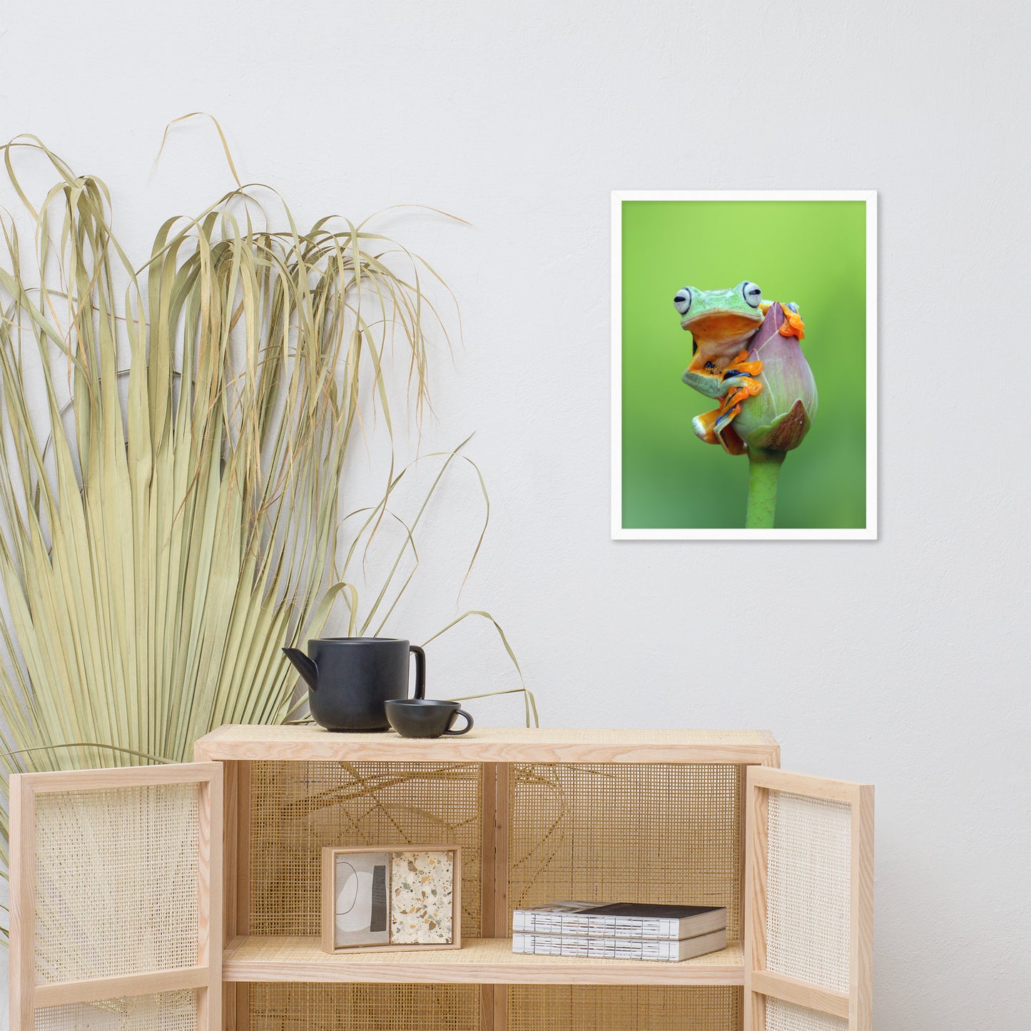 Tiny Green Tree Frog on Lotus Bloom Animal Wildlife Floral Nature Photograph Framed Wall Art Prints