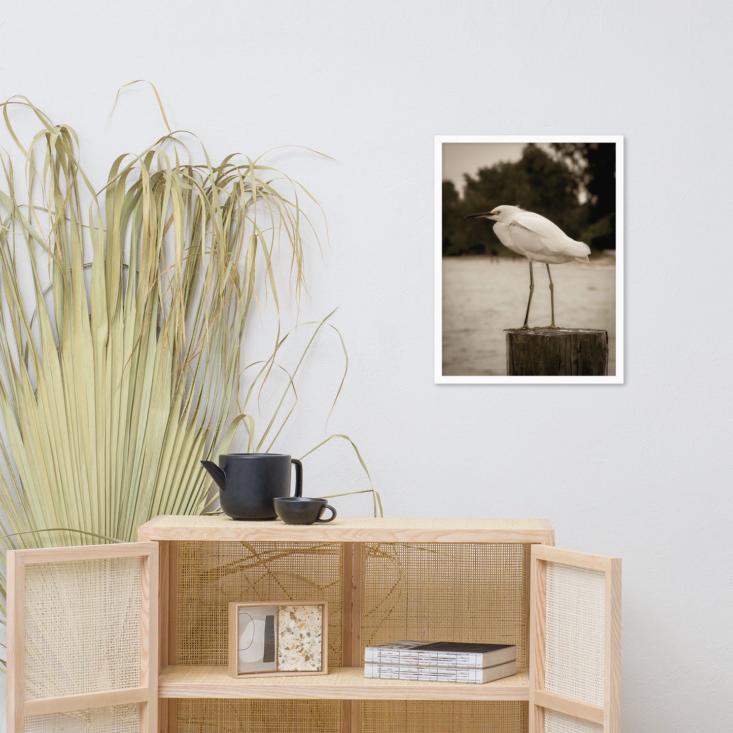 Hr Office Wall Decor: White Snowy Egret Sepia Coastal Bird / Animal / Wildlife / Nature Photographic Artwork - Framed Artwork - Wall Decor
