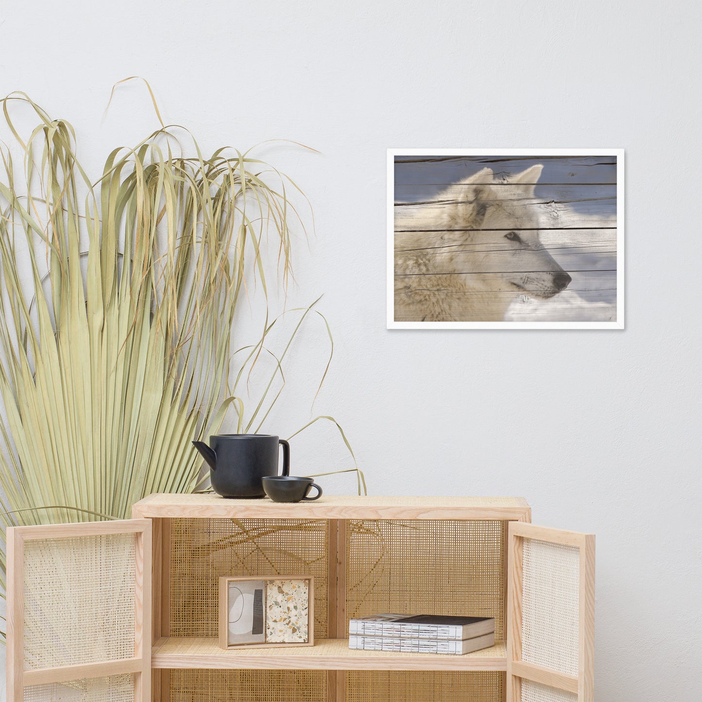 Wall Art For Modern Kitchen: Aries the White Wolf Portrait on Faux Weathered Wood Texture / Animal / Wildlife / Nature Photographic Artwork - Framed Artwork - Wall Decor
