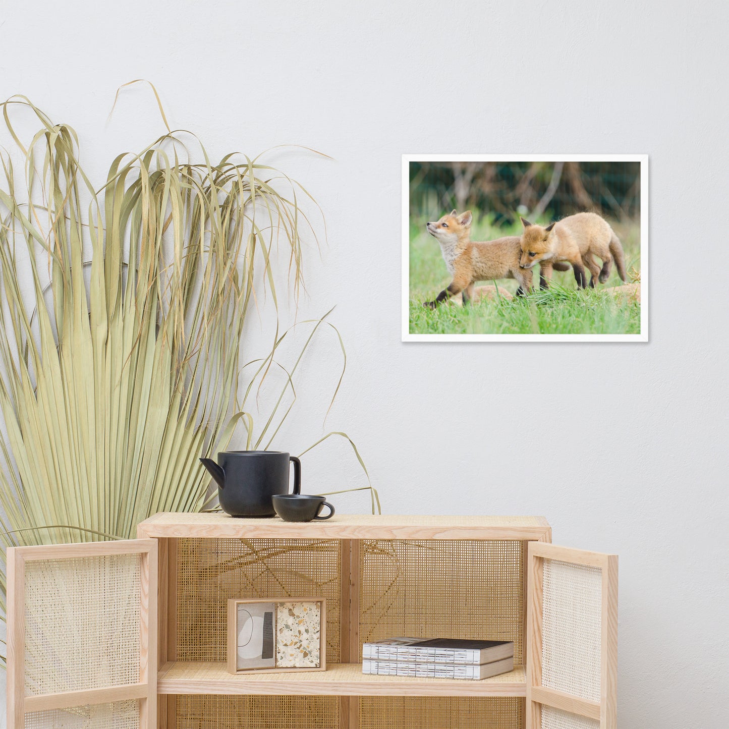 Prints Childrens Room: Playful Baby Red Fox Pups In Field - Animal / Wildlife / Nature Artwork - Wall Decor - Framed Wall Art Print