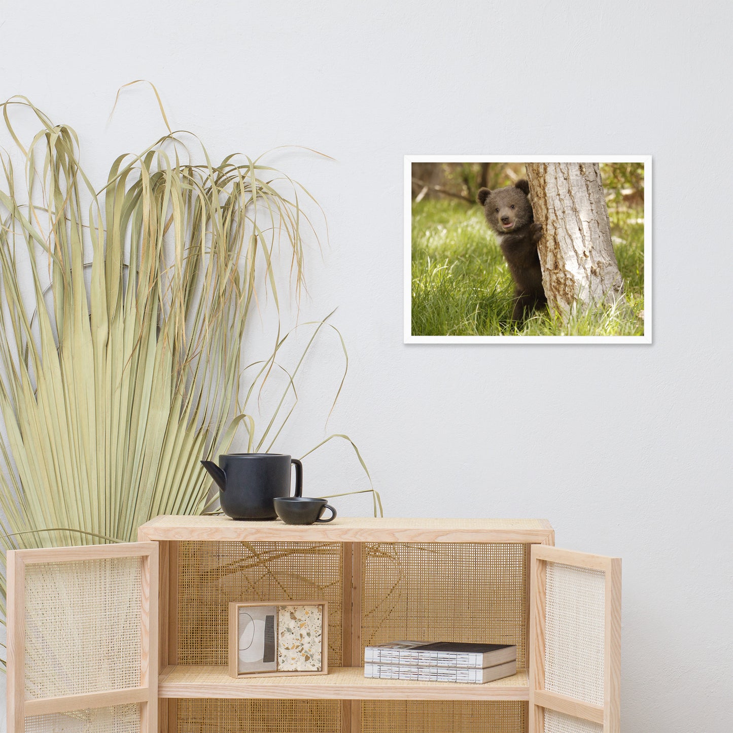 Cute Baby Grizzly Bear Cub Behind Tree in Meadow Animal Wildlife Photograph Framed Wall Art Prints