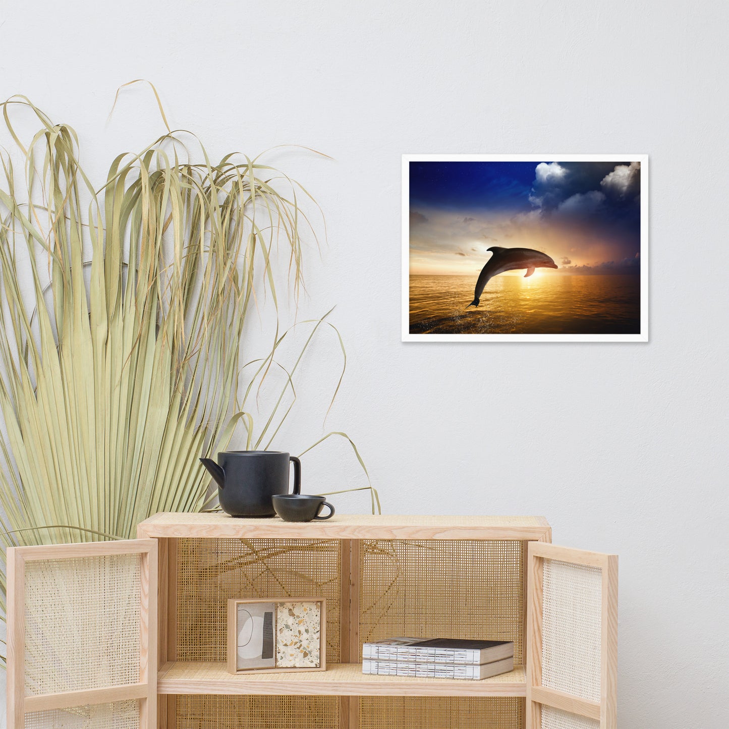 Dramatic Coastal Sunset on the Water with Jumping Bottle Noise Dolphin Animal Wildlife Photograph Framed Wall Art Print