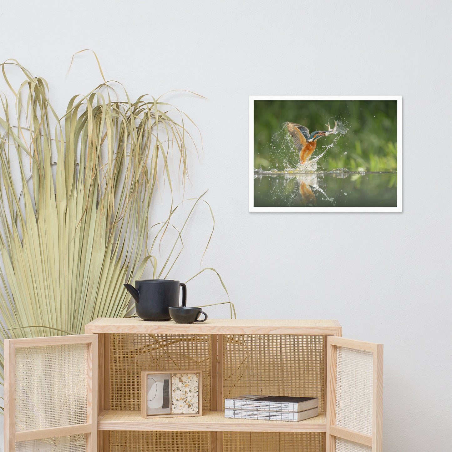 Flying Turquoise Blue and Orange Common Kingfisher Bird With Fish Animal Wildlife Photograph Framed Wall Art Prints