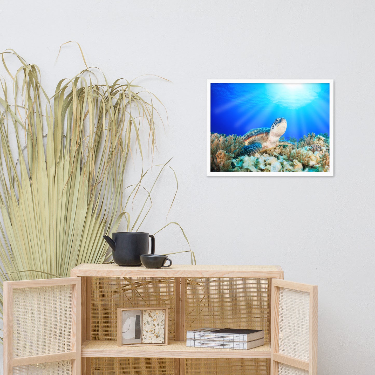 Green Sea Turtle in Tropical Coral Reef and Sunbeams Animal Wildlife Photograph Framed Wall Art Print