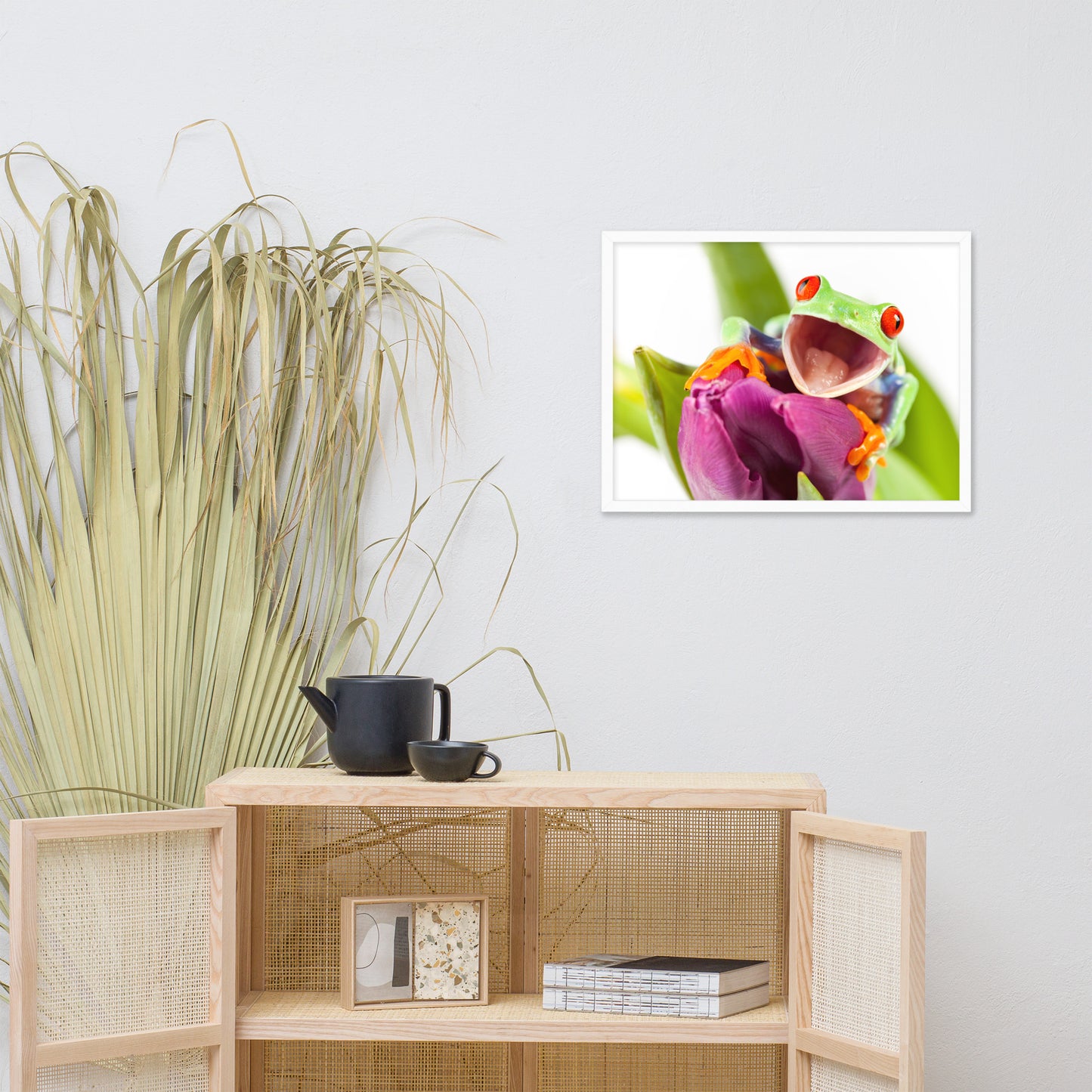 Happy Red Eyed Tree Frog Sitting on Purple Tulip Flower Bloom Wildlife Nature Photo Framed Wall Art Print