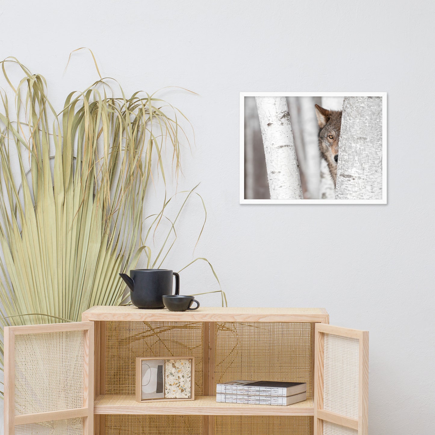 Hiding Wolf Behind Birch Tree in the Forest Animal Wildlife Nature Photograph Framed Wall Art Prints