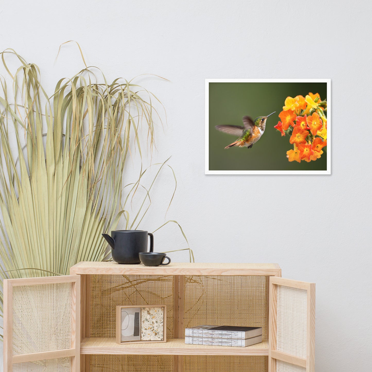 Hummingbird with Little Yellow-Orange Flowers Animal Wildlife Photograph Framed Wall Art Prints