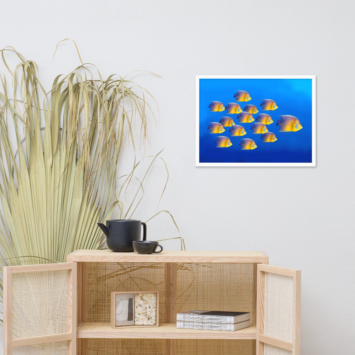 School of Tropical Coral Fish Angelfish Isolated in Blue Ocean Water Animal Wildlife Photograph Framed Wall Art Prints