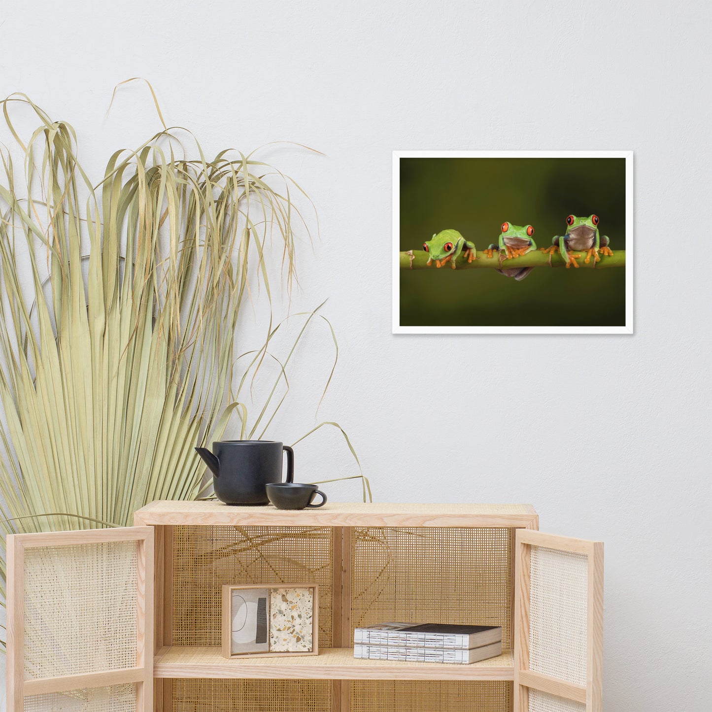 Three Tiny Green Red Eyed Tree Frog on Bamboo Animal Wildlife Photograph Framed Wall Art Prints