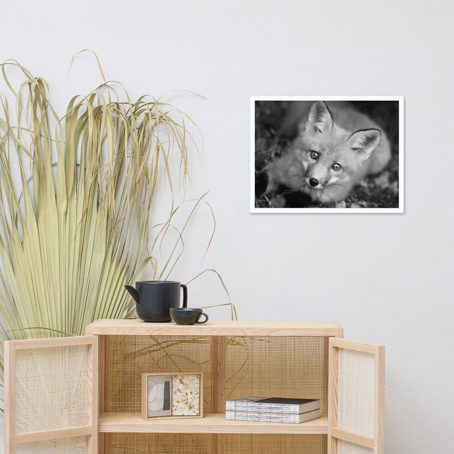 Young Red Fox Face Black and White Animal Wildlife Nature Photograph Framed Wall Art Prints