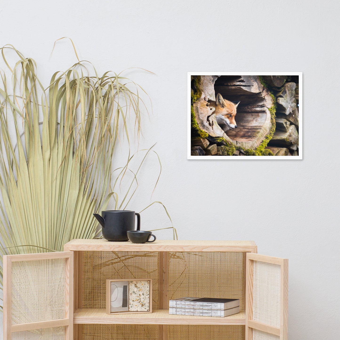 Young Red Fox Face In Mossy Stump Animal Wildlife Nature Photograph Framed Wall Art Prints