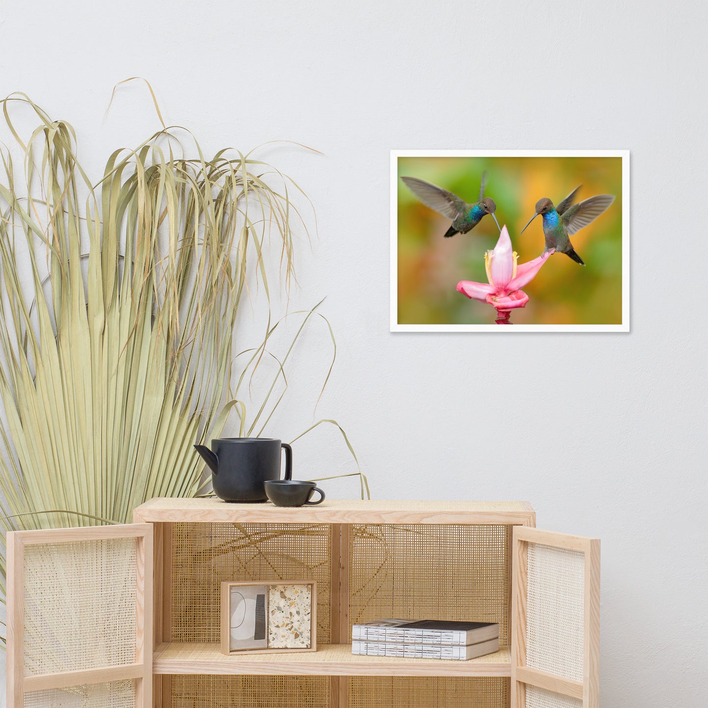 Hummingbirds with Pink Flower Bloom Animal Wildlife Photograph Framed Wall Art Print