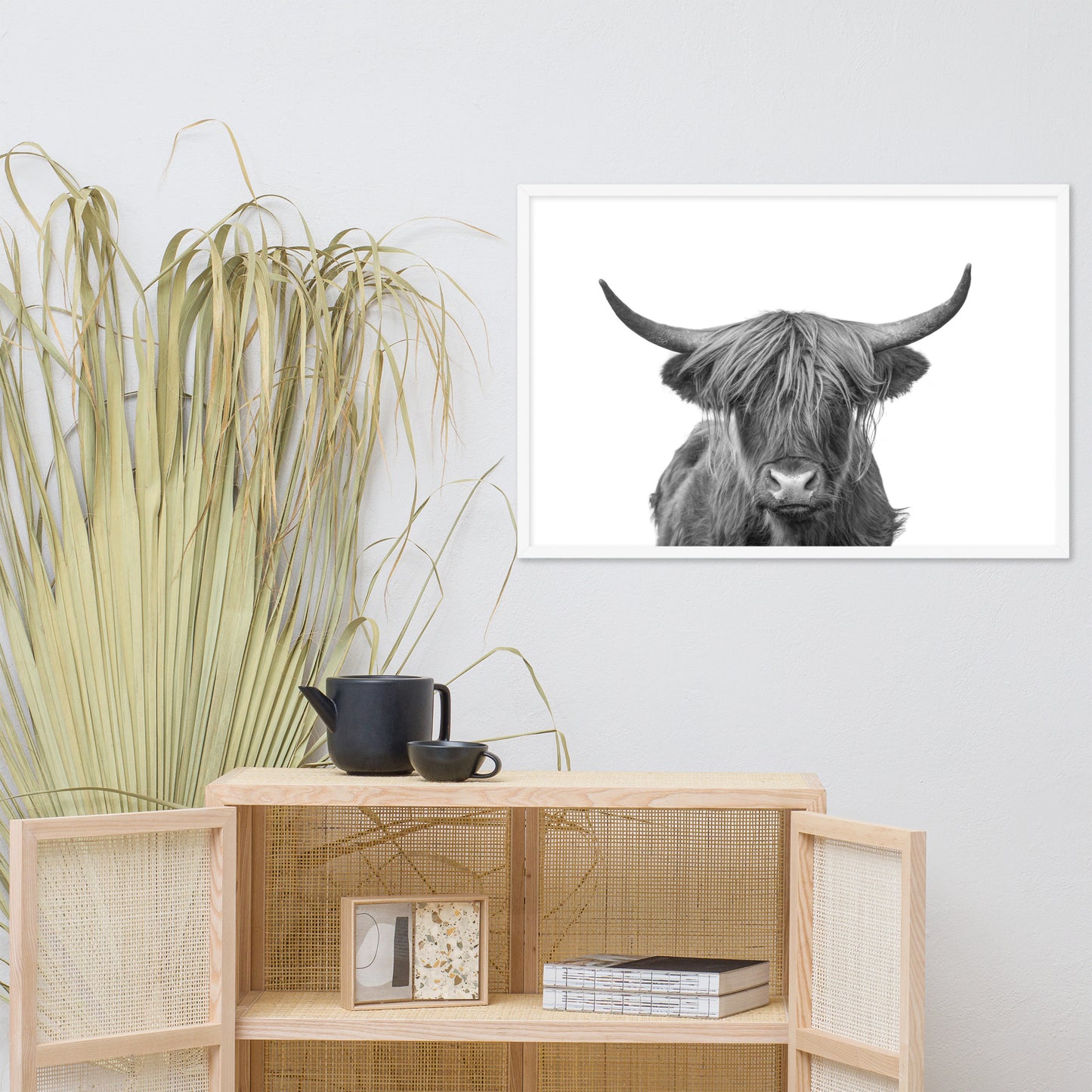 Highland Cow Black and White Wildlife / Animal Photograph Framed Wall Art Print
