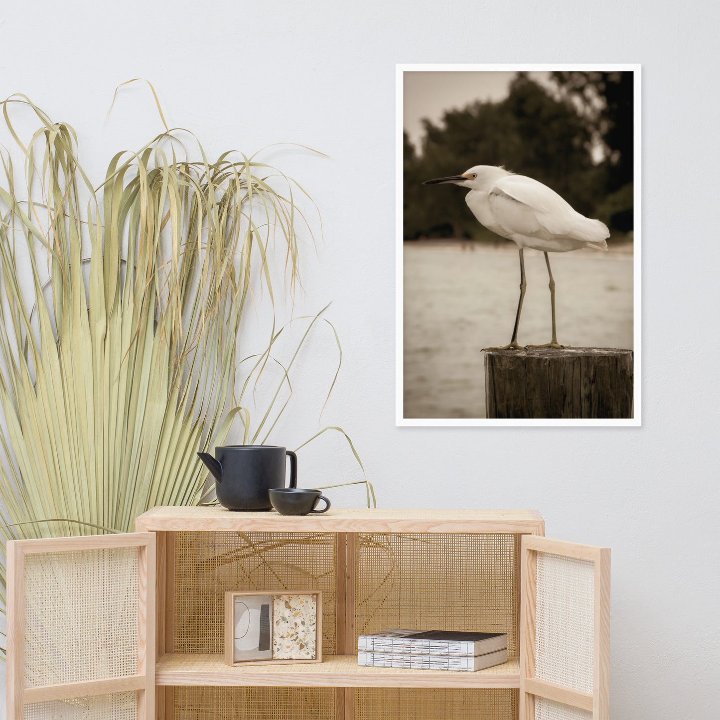It Office Wall Art: White Snowy Egret Sepia Coastal Bird / Animal / Wildlife / Nature Photographic Artwork - Framed Artwork - Wall Decor