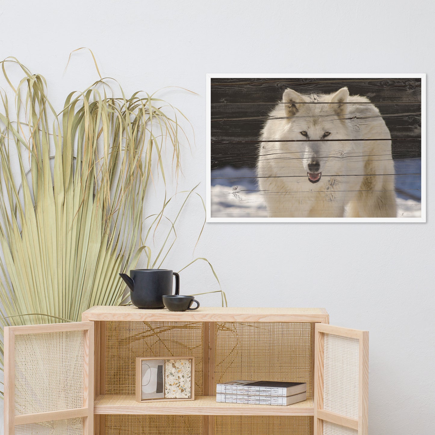 Large Framed Wall Art For Dining Room: White Wolf Portrait on Faux Weathered Wood Texture - Animal / Wildlife / Nature Photographic Framed Artwork - Wall Decor