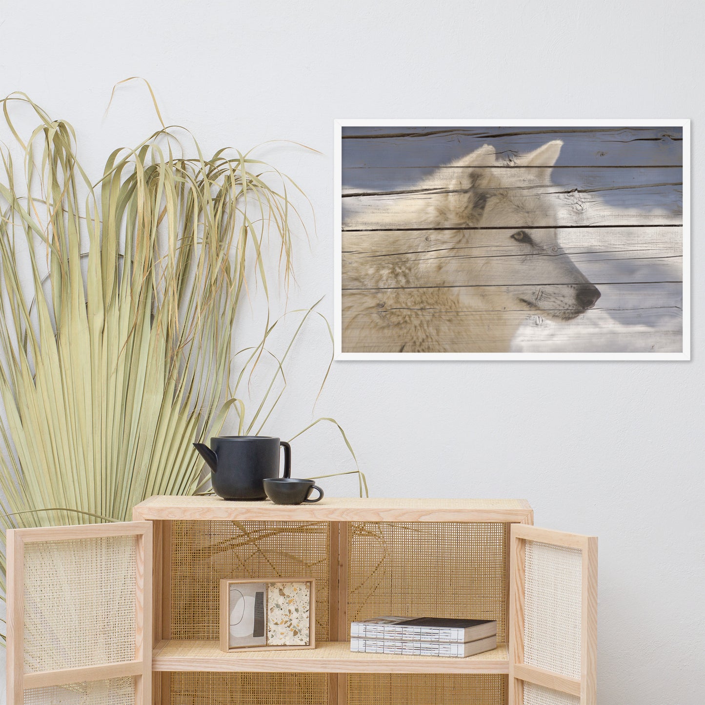Large Hallway Art: Aries the White Wolf Portrait on Faux Weathered Wood Texture / Animal / Wildlife / Nature Photographic Artwork - Framed Artwork - Wall Decor