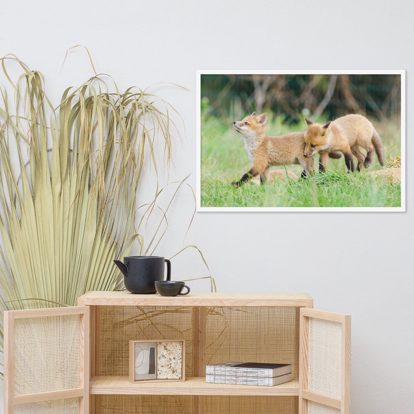 Childrens Bedroom Wall Decor: Playful Baby Red Fox Pups In Field - Animal / Wildlife / Nature Artwork - Wall Decor - Framed Wall Art Print