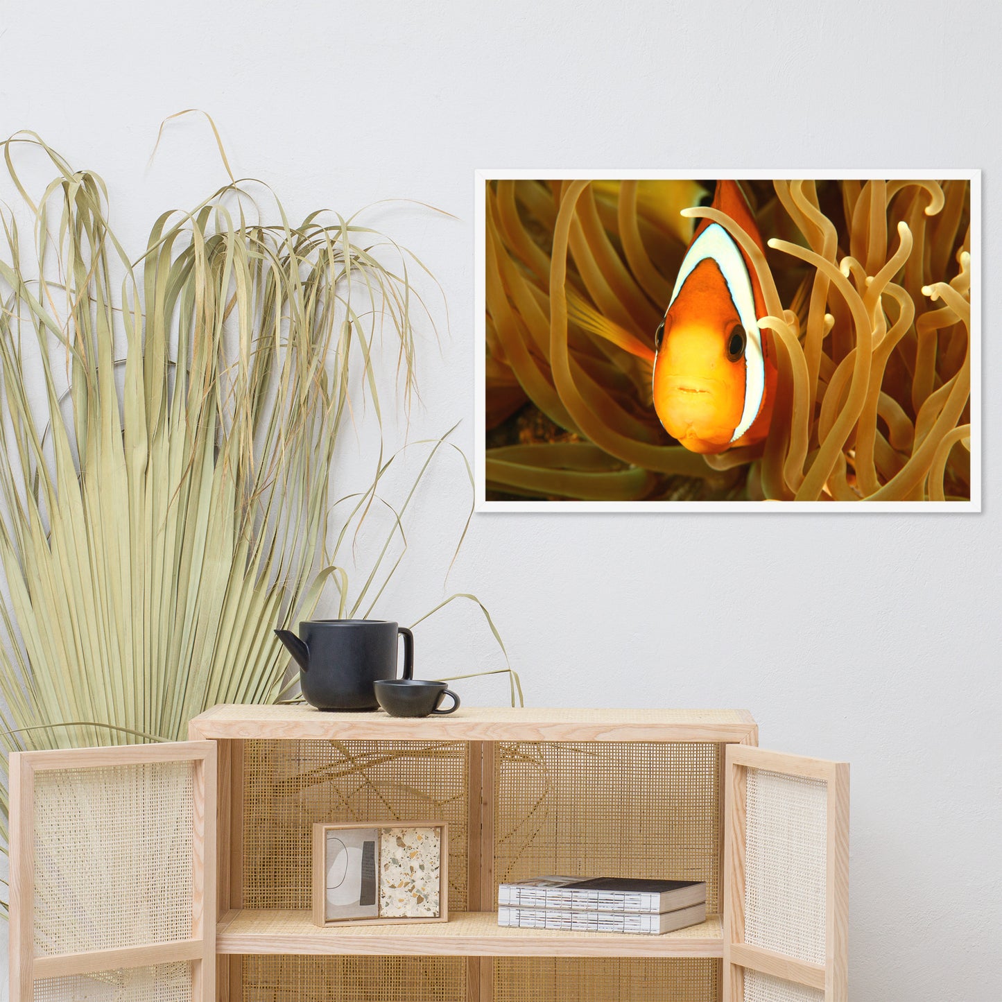 Close-up Orange Tropical Clownfish Face in Coral Animal Wildlife Photograph Framed Wall Art Print