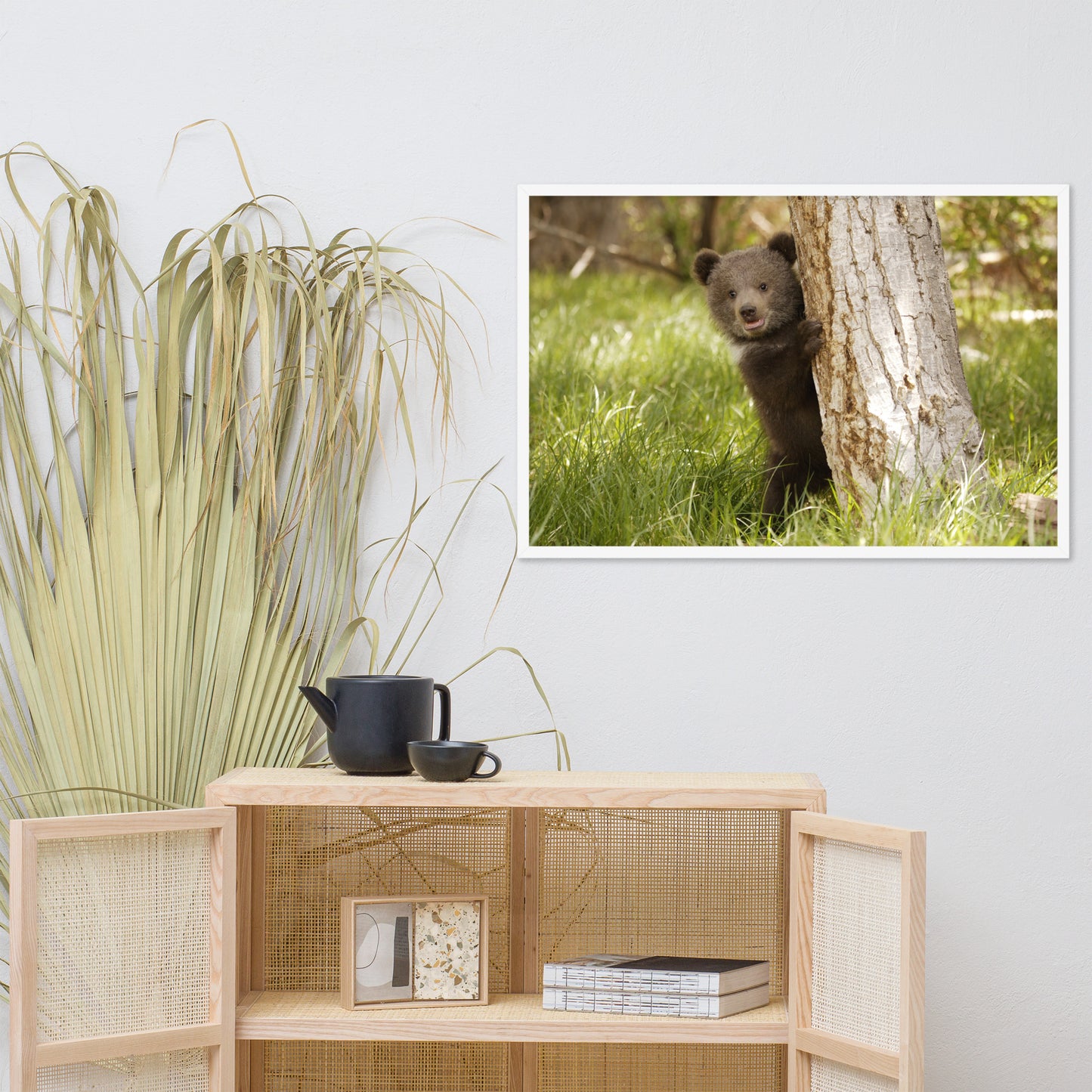 Cute Baby Grizzly Bear Cub Behind Tree in Meadow Animal Wildlife Photograph Framed Wall Art Prints