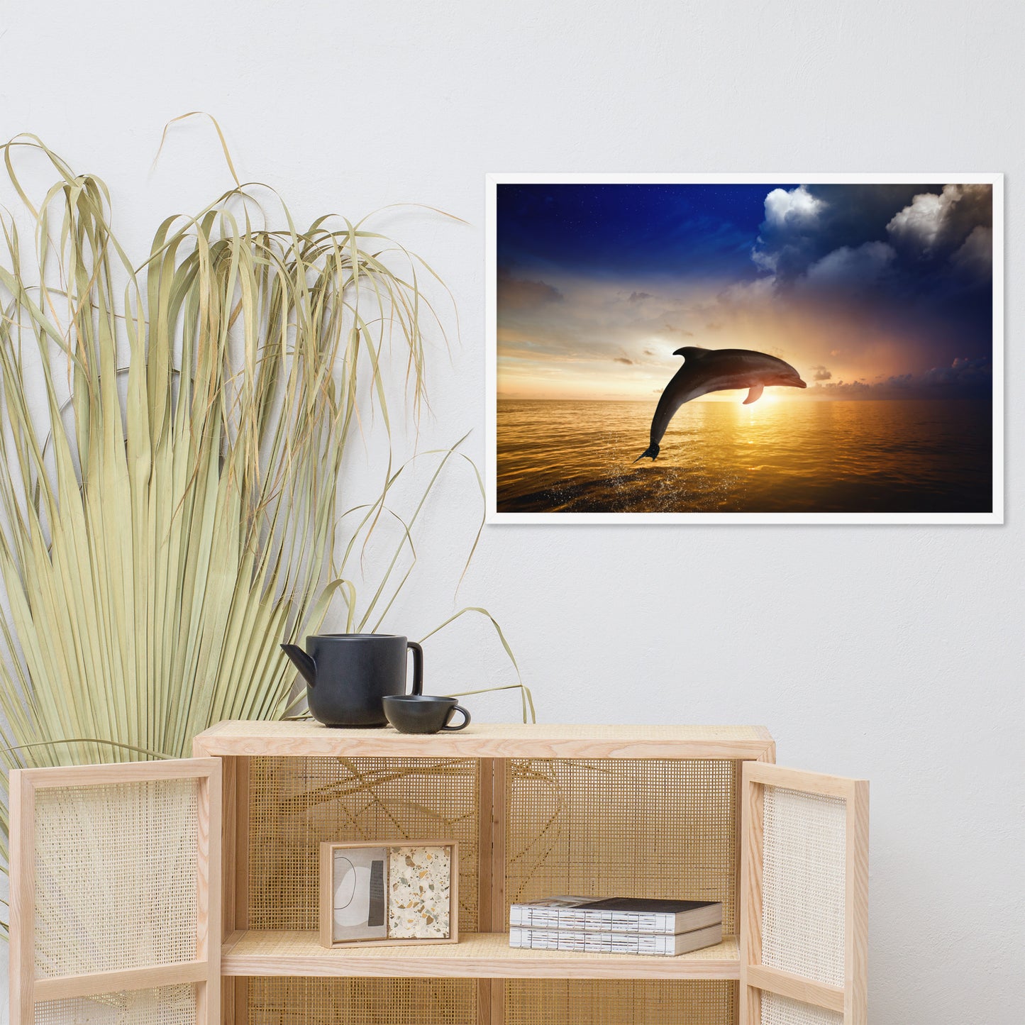 Dramatic Coastal Sunset on the Water with Jumping Bottle Noise Dolphin Animal Wildlife Photograph Framed Wall Art Print