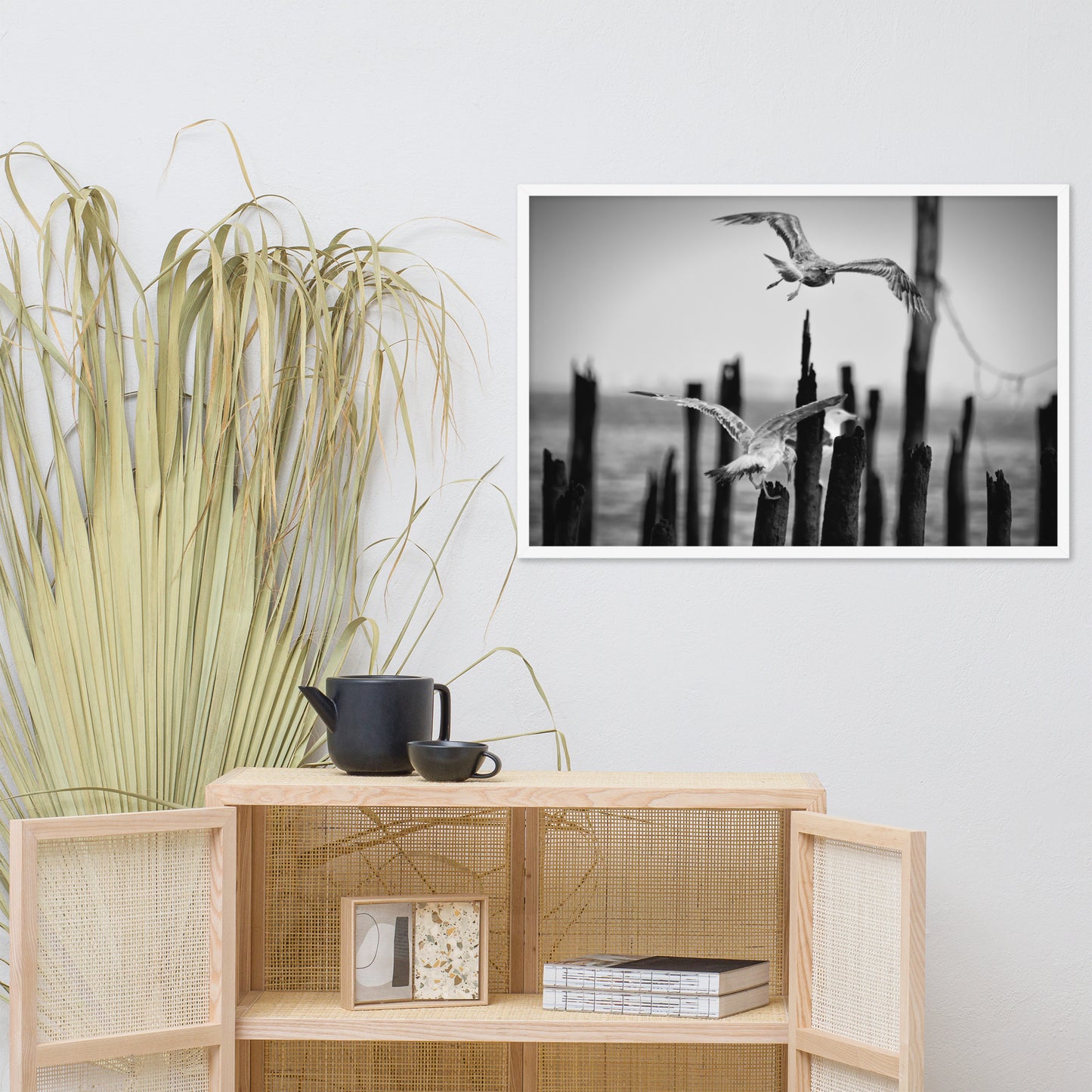Flying Seagull in Black and White Animal Wildlife Photograph Framed Wall Art Prints