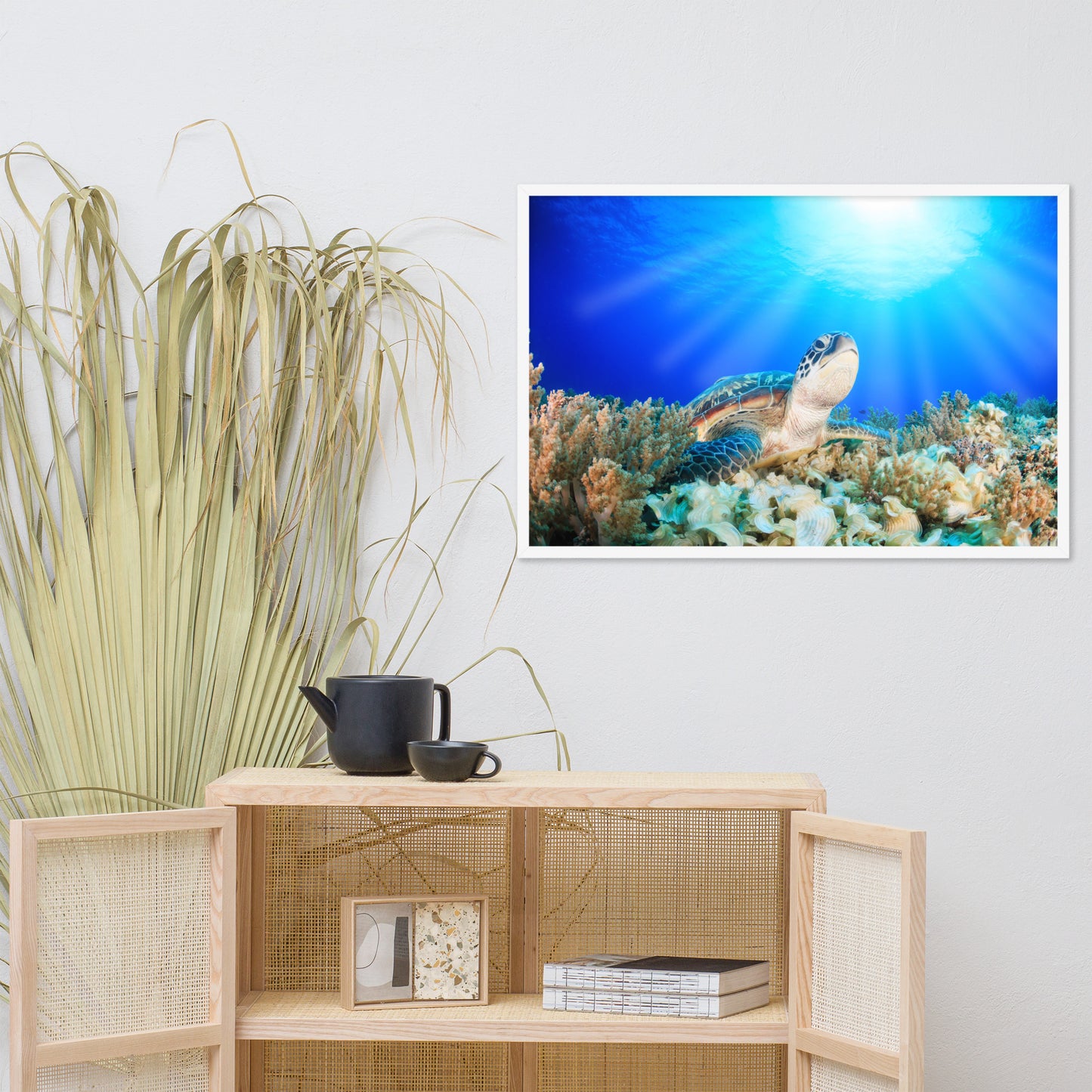 Green Sea Turtle in Tropical Coral Reef and Sunbeams Animal Wildlife Photograph Framed Wall Art Print