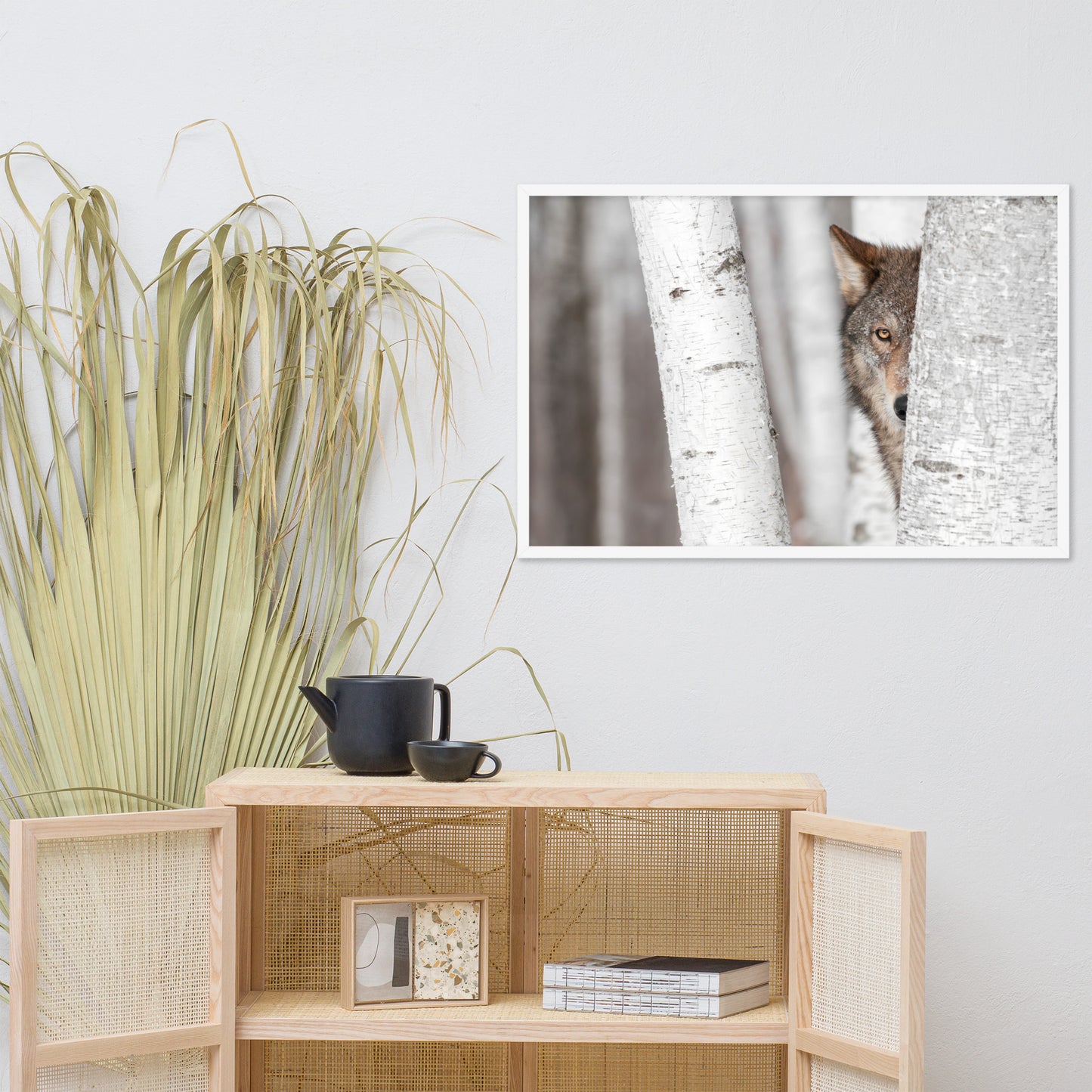 Hiding Wolf Behind Birch Tree in the Forest Animal Wildlife Nature Photograph Framed Wall Art Prints
