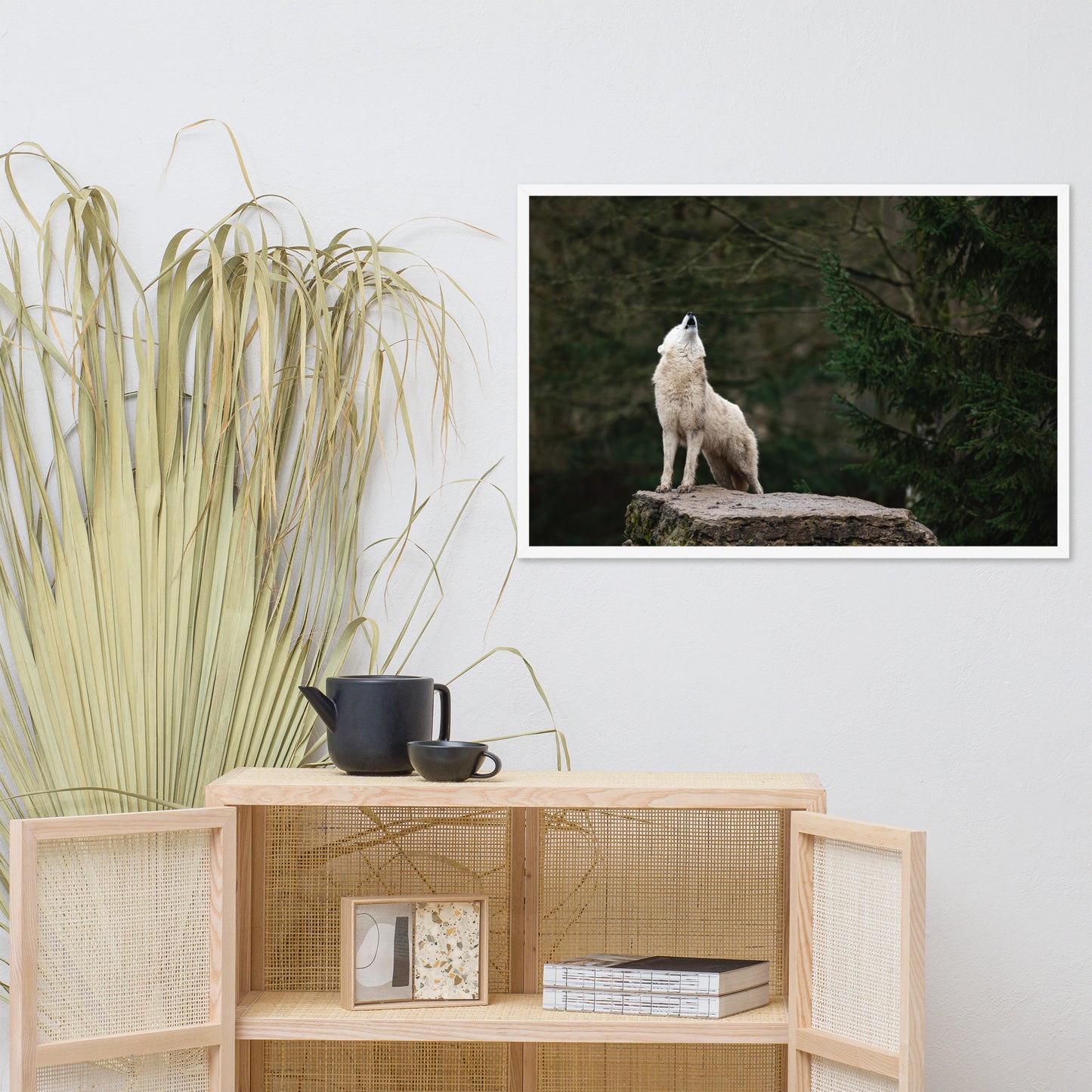 Howling White Wolf in the Forest Animal Wildlife Photograph Framed Wall Art Print