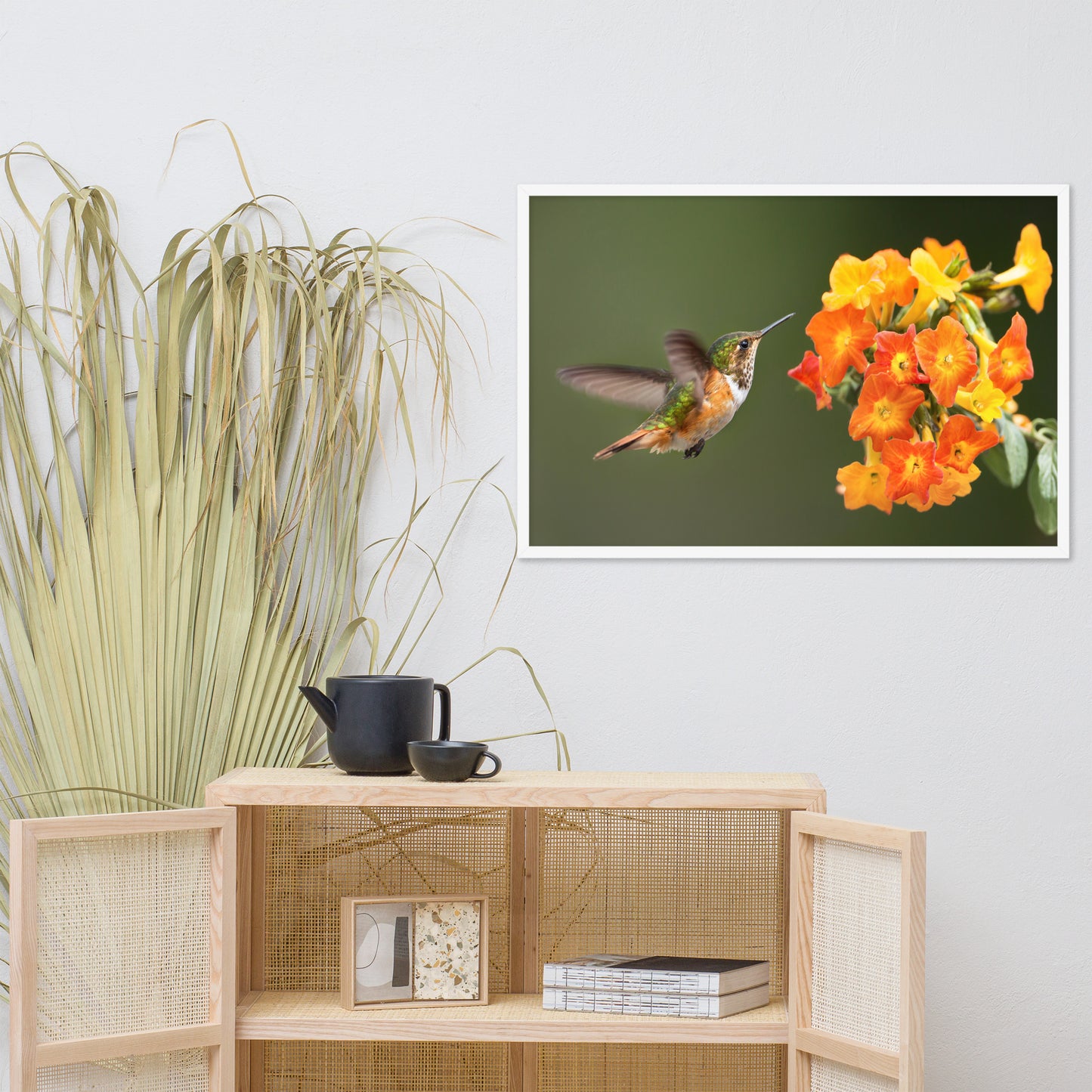 Hummingbird with Little Yellow-Orange Flowers Animal Wildlife Photograph Framed Wall Art Prints