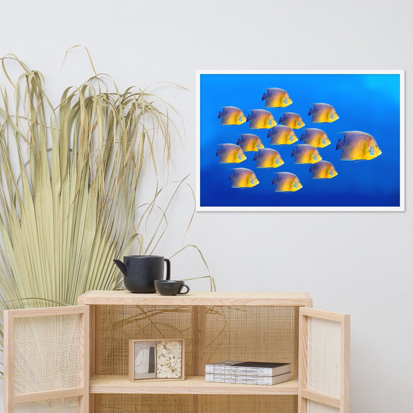 School of Tropical Coral Fish Angelfish Isolated in Blue Ocean Water Animal Wildlife Photograph Framed Wall Art Prints