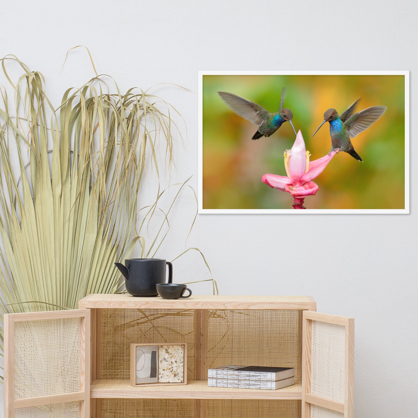 Hummingbirds with Pink Flower Bloom Animal Wildlife Photograph Framed Wall Art Print