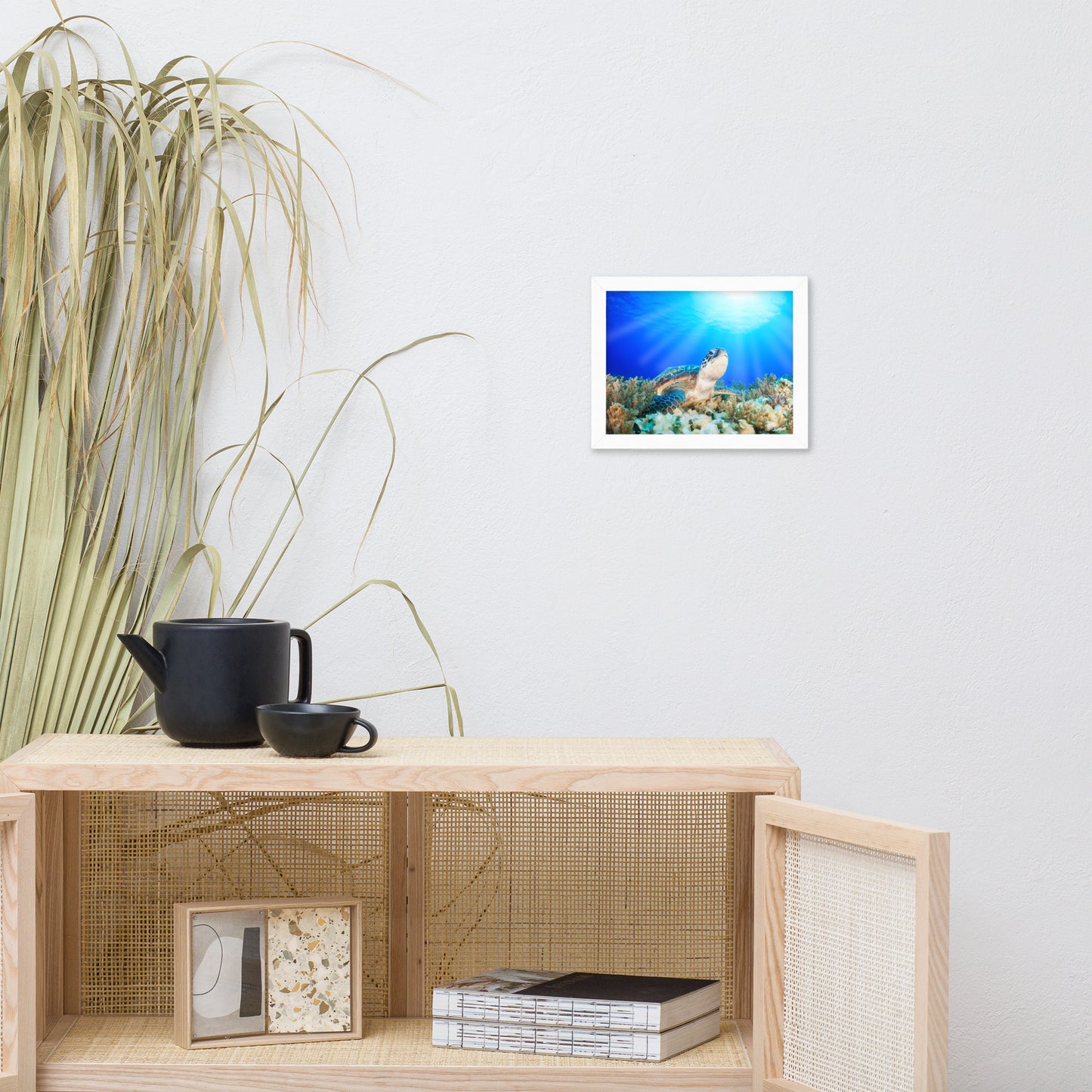 Green Sea Turtle in Tropical Coral Reef and Sunbeams Animal Wildlife Photograph Framed Wall Art Print