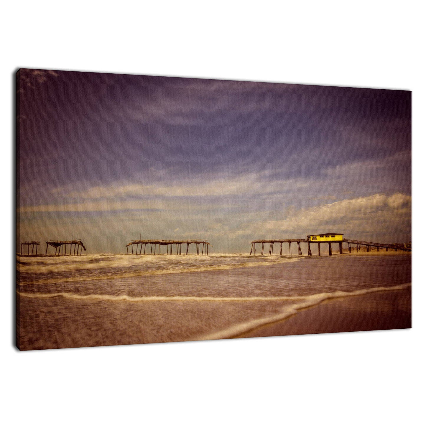 Coastal Farmhouse Wall Art: Aged View of Frisco Pier Coastal Landscape Fine Art Canvas Prints - Beach Theme Wall Art - PIPAFINEART
