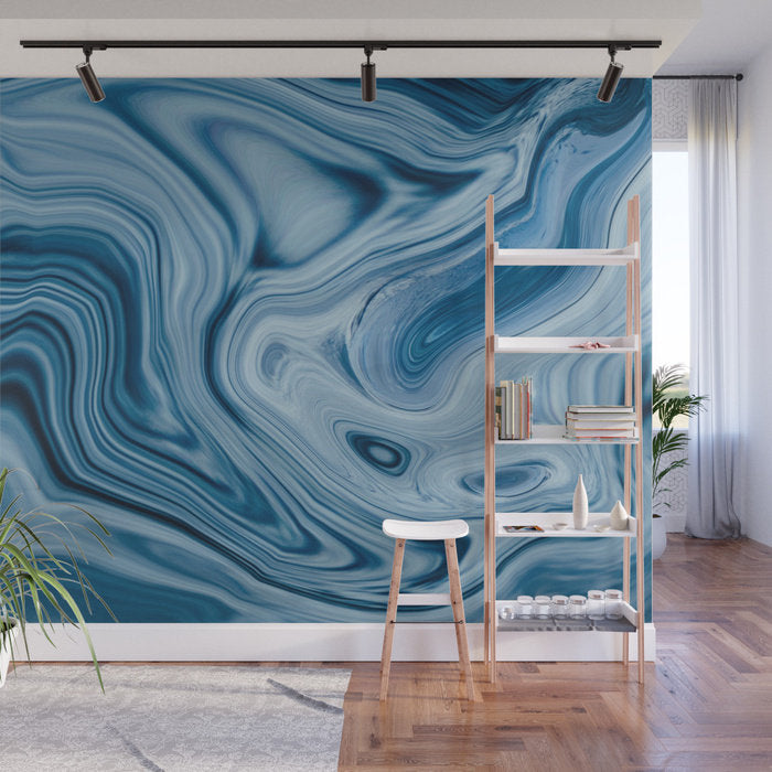 Splash Blue Swirl Digital Fluid Artwork - Peel and Stick Removable Wallpaper Full Size Wall Mural - PIPAFINEART