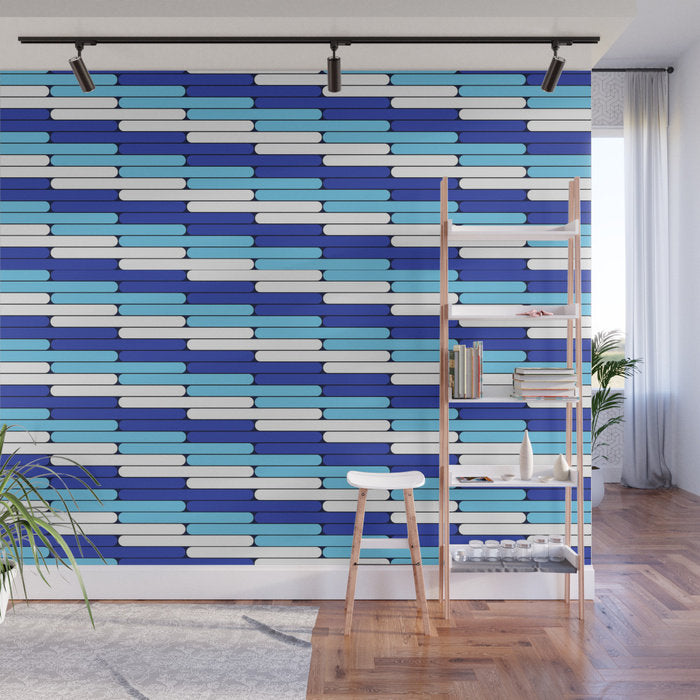 Staggered Blues and White Line Pattern - Peel and Stick Removable Wallpaper Full Size Wall Mural - PIPAFINEART