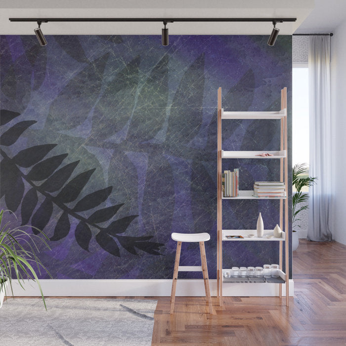 Purple Grunge with Foliage - Peel and Stick Removable Wallpaper Full Size Wall Mural - PIPAFINEART