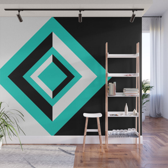 Teal, Black, and White Geometric Shapes - Peel and Stick Removable Wallpaper Full Size Wall Mural - PIPAFINEART