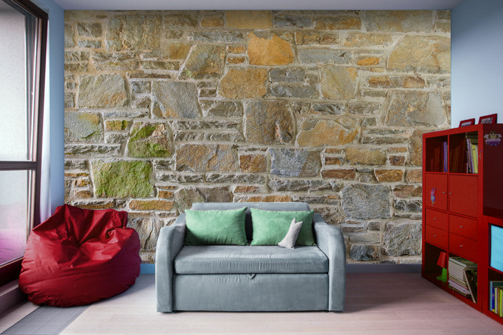 Avondale Brown Stone Wall and Mortar Texture - Peel and Stick Removable Wallpaper Full Size Wall Mural - PIPAFINEART