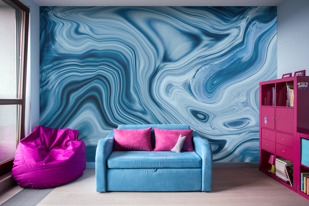 Splash Blue Swirl Digital Fluid Artwork - Peel and Stick Removable Wallpaper Full Size Wall Mural - PIPAFINEART