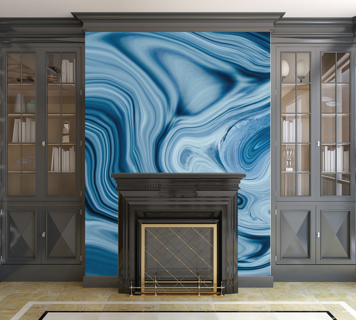 Splash Blue Swirl Digital Fluid Artwork - Peel and Stick Removable Wallpaper Full Size Wall Mural - PIPAFINEART