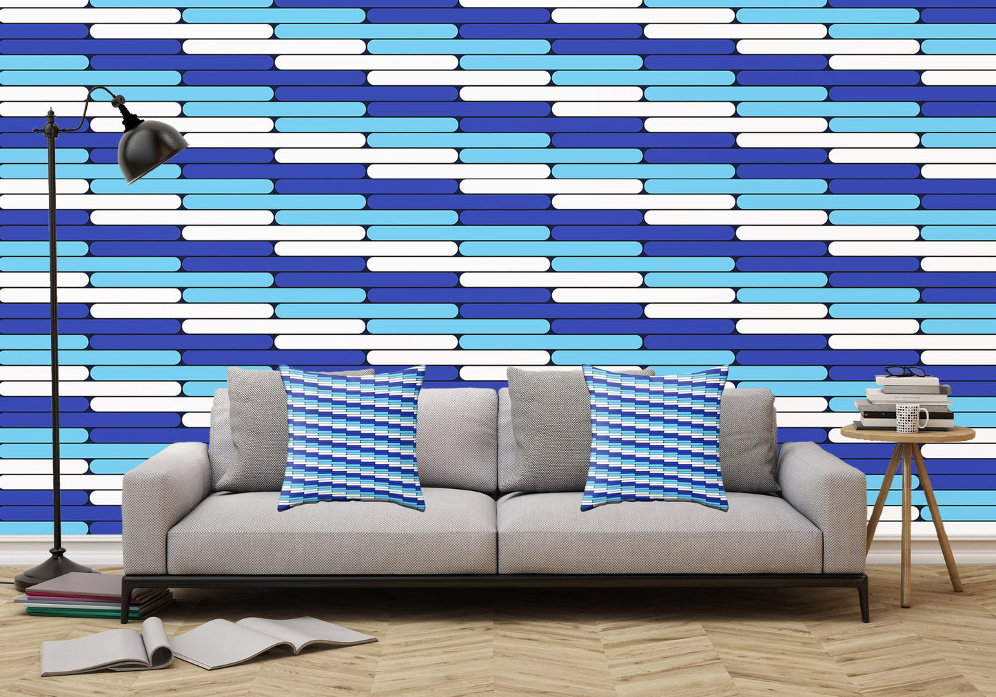Staggered Blues and White Line Pattern - Peel and Stick Removable Wallpaper Full Size Wall Mural - PIPAFINEART