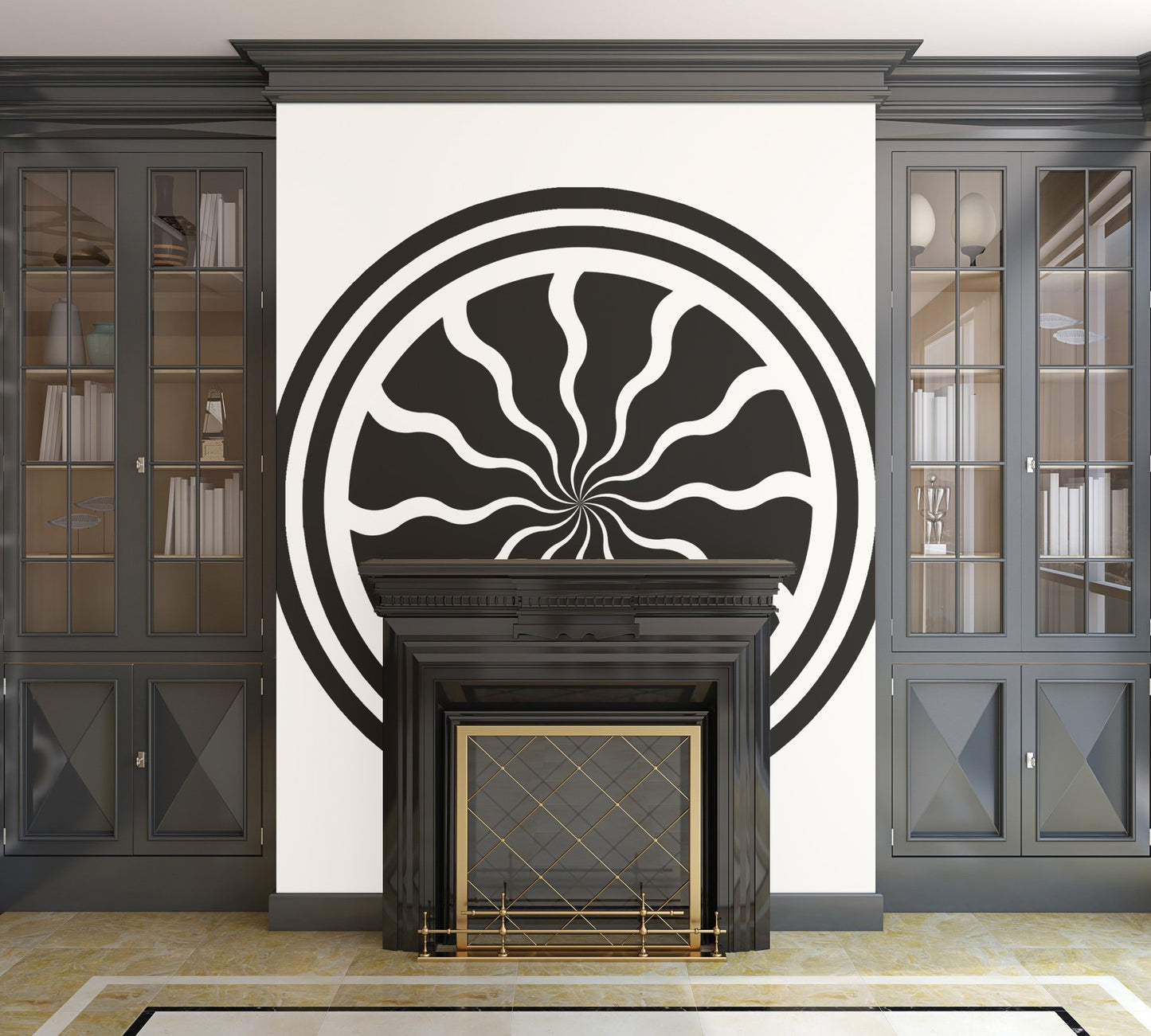 Single Pinwheel Medallion with Wavy Lines - Peel and Stick Removable Wallpaper Full Size Wall Mural - PIPAFINEART