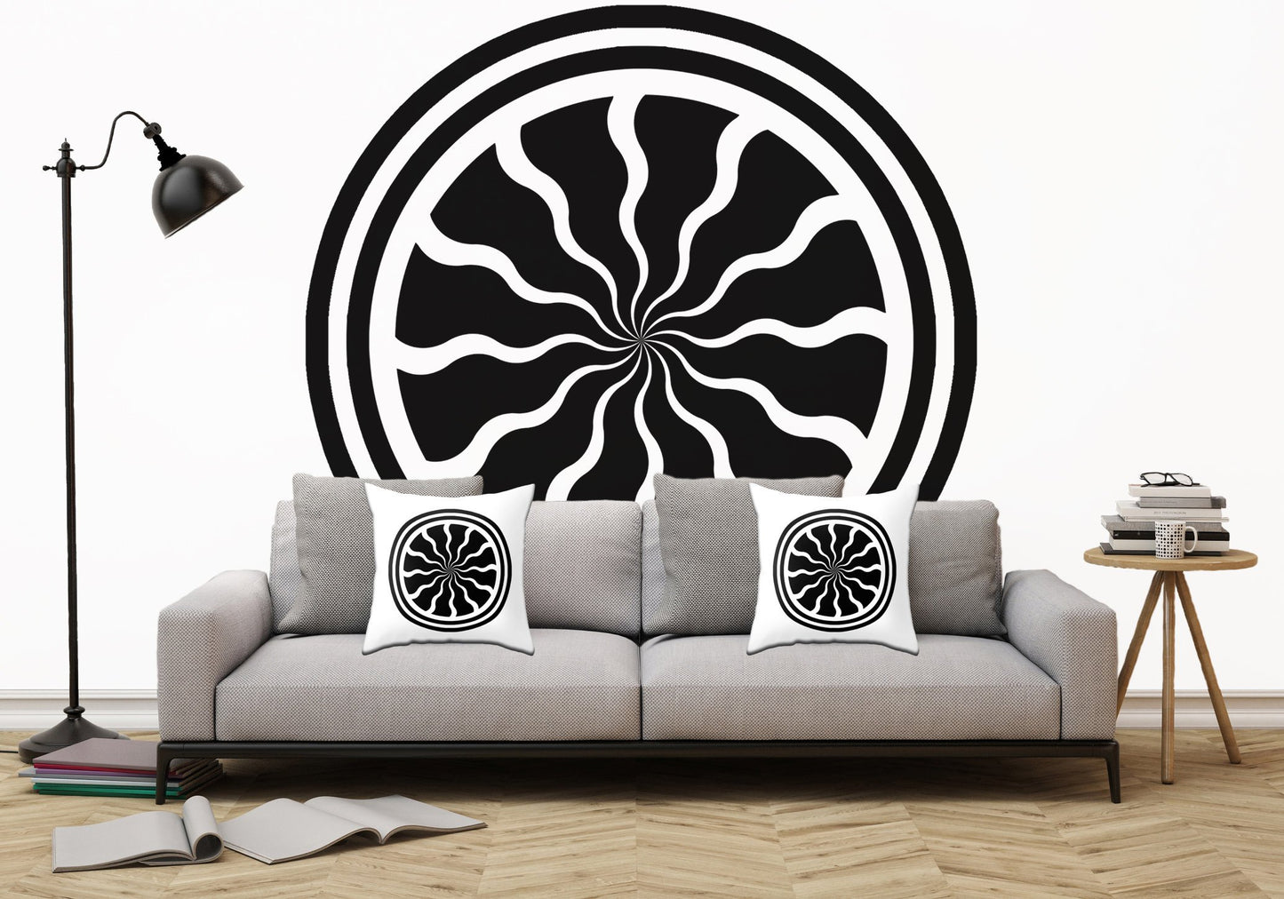Single Pinwheel Medallion with Wavy Lines - Peel and Stick Removable Wallpaper Full Size Wall Mural - PIPAFINEART