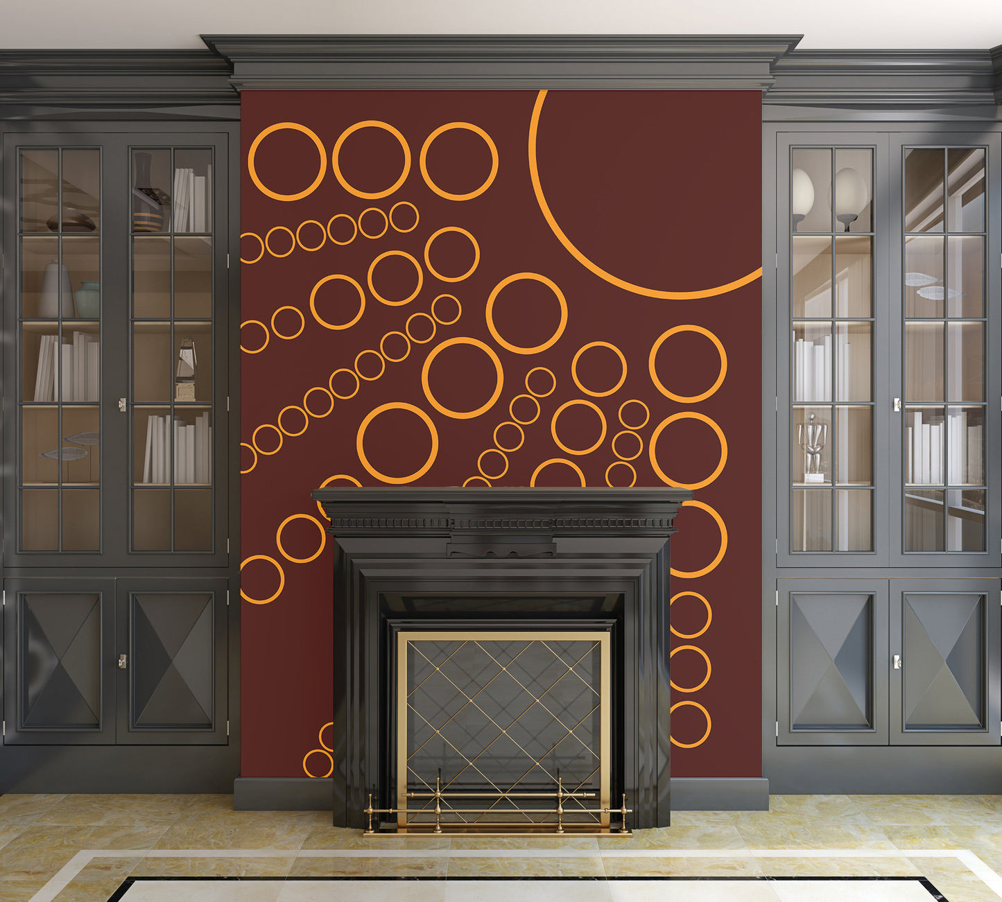 Golden Sunburst on Burgundy Illustration - Peel and Stick Removable Wallpaper Full Size Wall Mural - PIPAFINEART