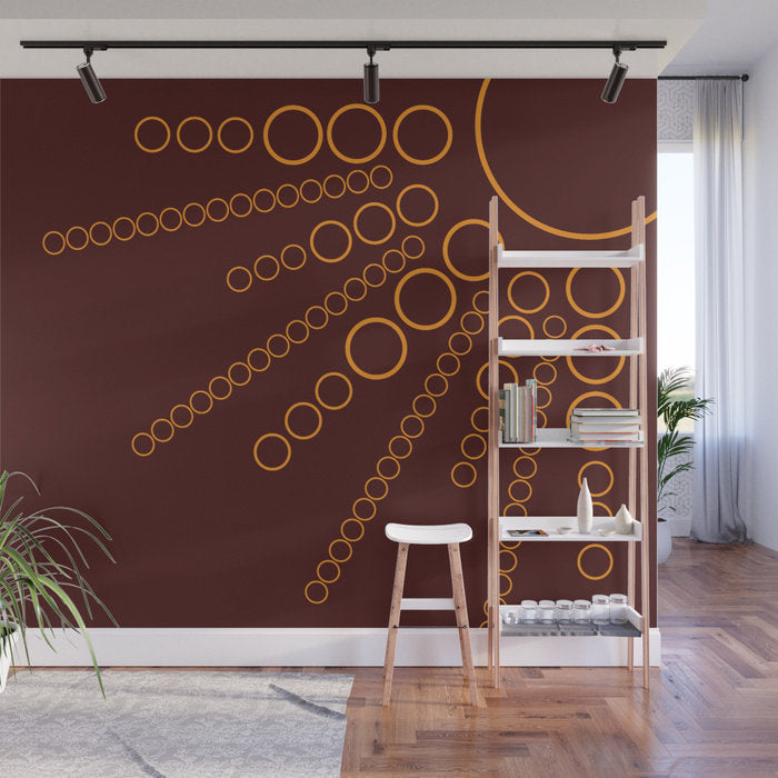 Golden Sunburst on Burgundy Illustration - Peel and Stick Removable Wallpaper Full Size Wall Mural - PIPAFINEART
