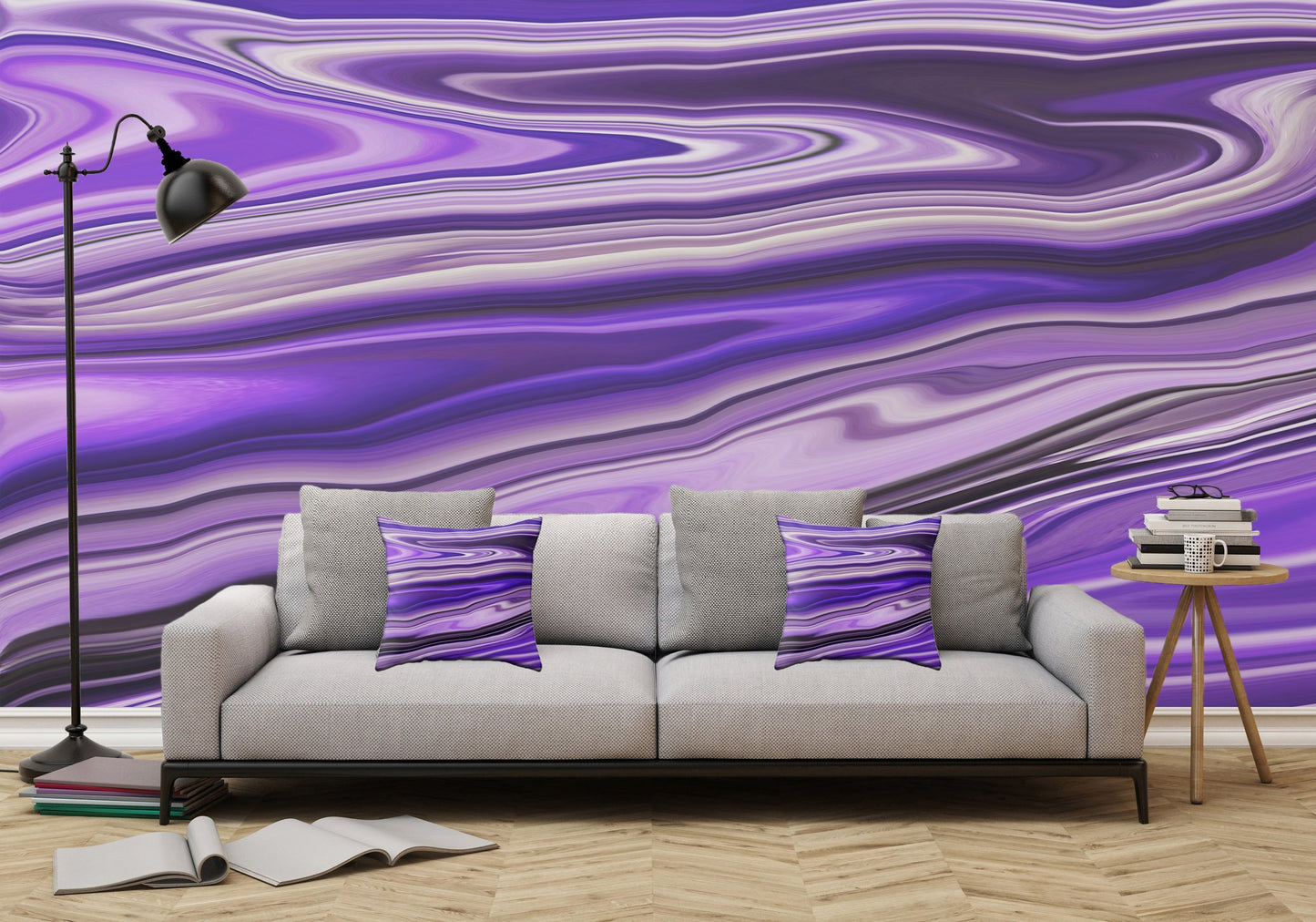 Purple Waves Abstract Art Digital Fluid Artwork - Peel and Stick Removable Wallpaper Full Size Wall Mural - PIPAFINEART