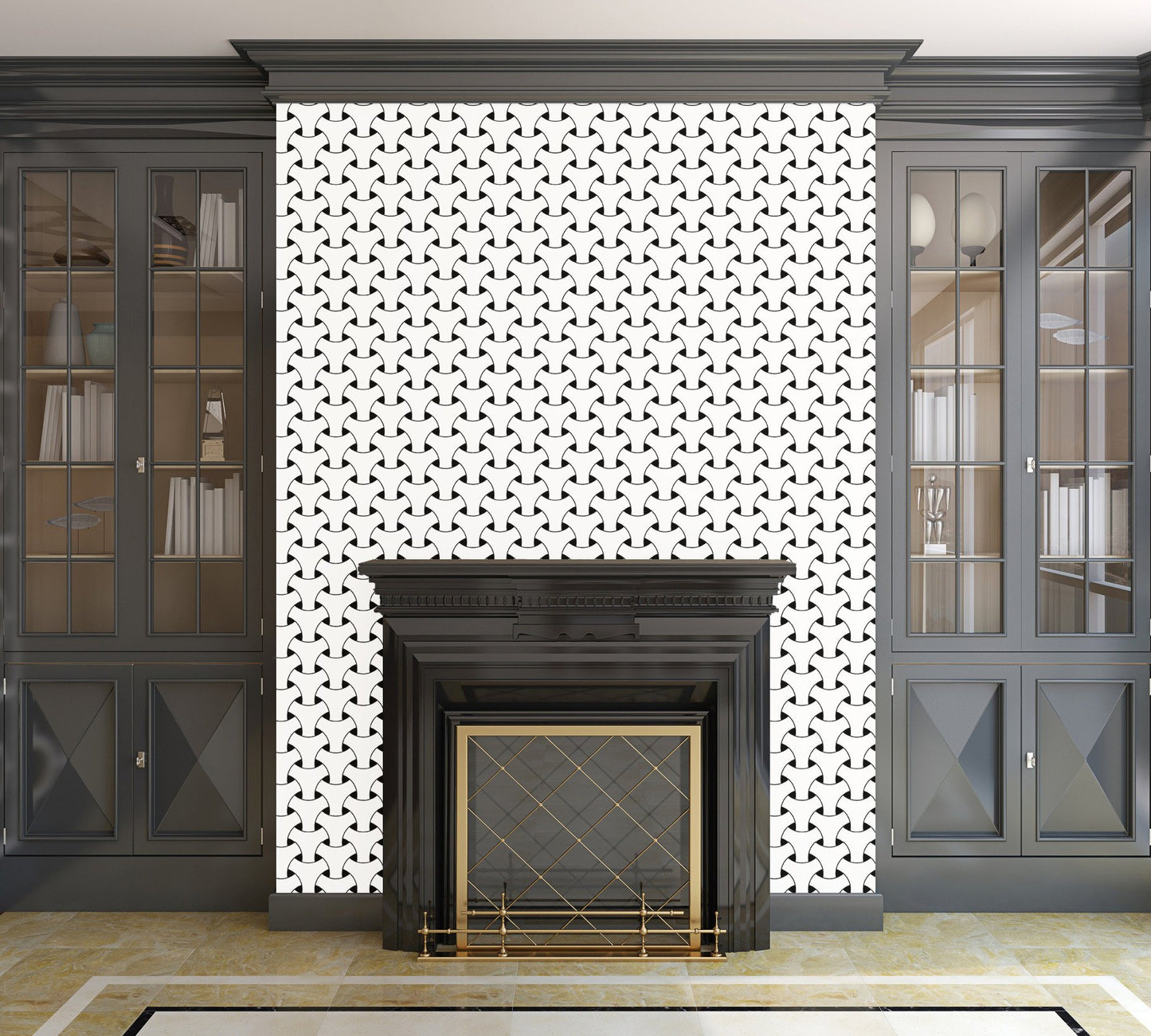 Black and White Basket Weave Circles Shapes- Adhesive Wallpaper - Removable Wallpaper - Wall Sticker - Full Size Wall Mural - PIPAFINEART