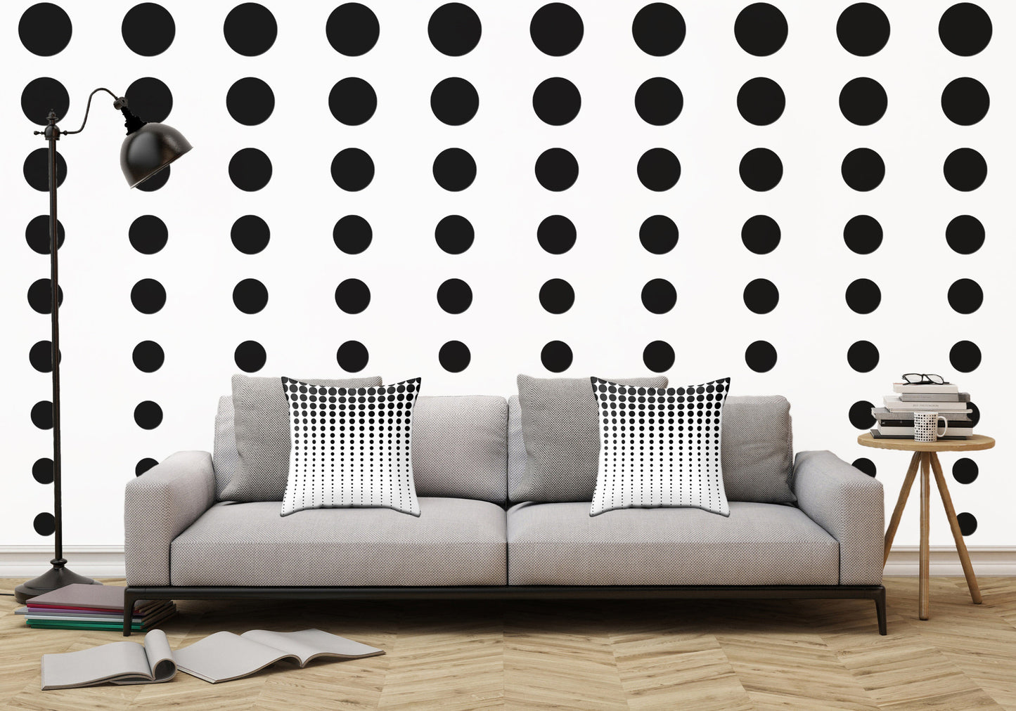 Reduced Black Dots on Solid White Illustration - Peel and Stick Removable Wallpaper Full Size Wall Mural - PIPAFINEART