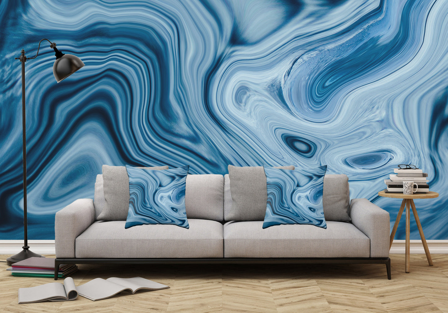Splash Blue Swirl Digital Fluid Artwork - Peel and Stick Removable Wallpaper Full Size Wall Mural - PIPAFINEART