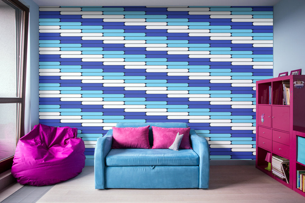 Staggered Blues and White Line Pattern - Peel and Stick Removable Wallpaper Full Size Wall Mural - PIPAFINEART